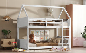 English Elm Twin House-Style Twin Bunk Bed With Safety Guardrails, Ladder & Play Space – White Rubberwood Design W504P227972-GIGA