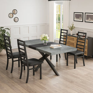 English Elm Retro Extendable Dining Set with Metal Frame and 4 Steel Chairs, Space-Saving Modern Farmhouse Elegance Black+Gery W757S00034