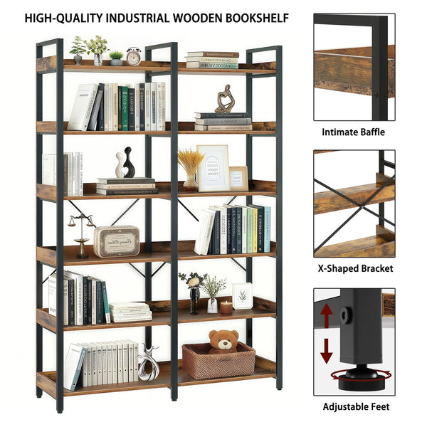 English Elm 6-Tier Industrial Bookshelf 67" Black+Brown Metal Frame with 12 Open Shelves, Edge Guards & Stable Design W3204P354206