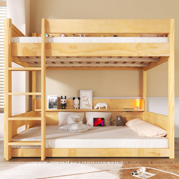 English Elm Queen Over Pine Bunk Bed with Built-in Shelves and Usb Charging Ports Wood N7090002238D