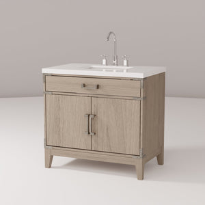 English Elm Grey Oak Single Bath Vanity With White Quartz Top, Chrome Faucet & Soft-Close Doors - Modern Style B2731P259799