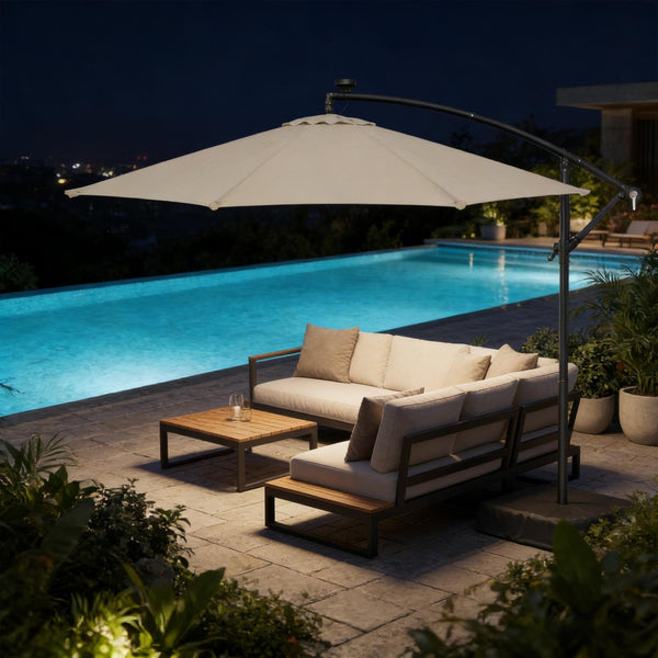English Elm Garden Cantilever Patio Umbrella with Solar Led Lights and Upf30 Polyester Canopy Cream White T3971P481960