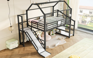 English Elm Full Full House Loft bed with Slide and Stairs, Metal House Play Loft with Storage Shelves and Quiet Design Black W1580S00350