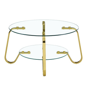 English Elm Retro Industrial Square Coffee Table Dual Tier Tempered Glass and Powder Coated Metal Frame Gold W3875P373155