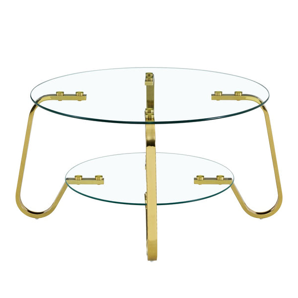 English Elm Retro Industrial Square Coffee Table Dual Tier Tempered Glass and Powder Coated Metal Frame Gold W3875P373155