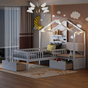 English Elm Twin House Bed Frame with Sofa Seating Led Lighting Drawers and Wireless Charging LP000521AAK-1