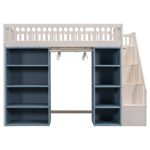 English Elm Full Size Loft Bed With Stylish Storage Cabinets, Privacy Curtain & Multi-Functional Design - White/Blue GX003006AAK