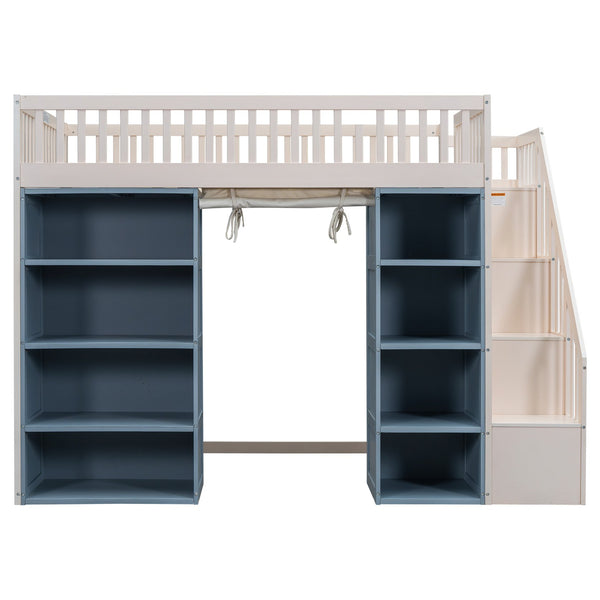 English Elm Full Size Loft Bed With Stylish Storage Cabinets, Privacy Curtain & Multi-Functional Design - White/Blue GX003006AAK