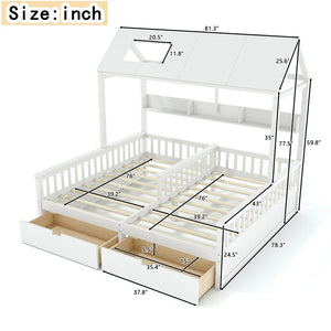 English Elm Double Twin House Bed Pine Wood Frame Kids Playhouse Bunk with Storage Drawers White W5305S00006
