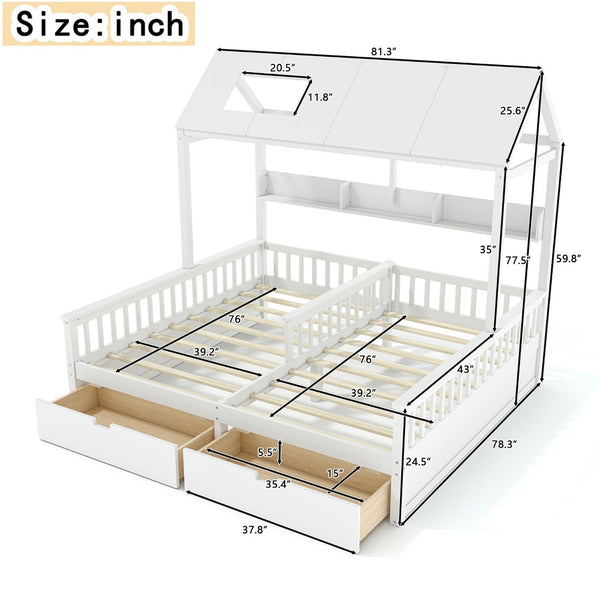 English Elm Double Twin House Bed Pine Wood Frame Kids Playhouse Bunk with Storage Drawers White W5305S00006