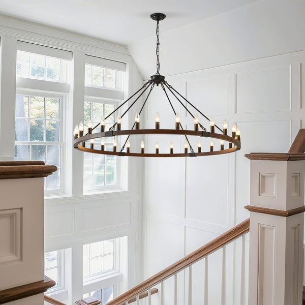 English Elm 53.15 Inch Wagon Wheel Chandelier Wood Matte Black 30 Light Seeded Glass Farmhouse W5008P464800
