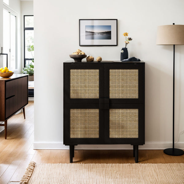 English Elm 4-Doors Rattan Mesh Storage Cabinet with Solid Wood Legs and Adjustable Shelves for Stylish Organization Black W757P198555