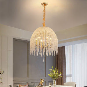 English Elm 20 6-Light K9 Crystal Pendant Chandelier, Gold Waterfall Bead Strings, Adjustable Height, Elegant W2312P368720