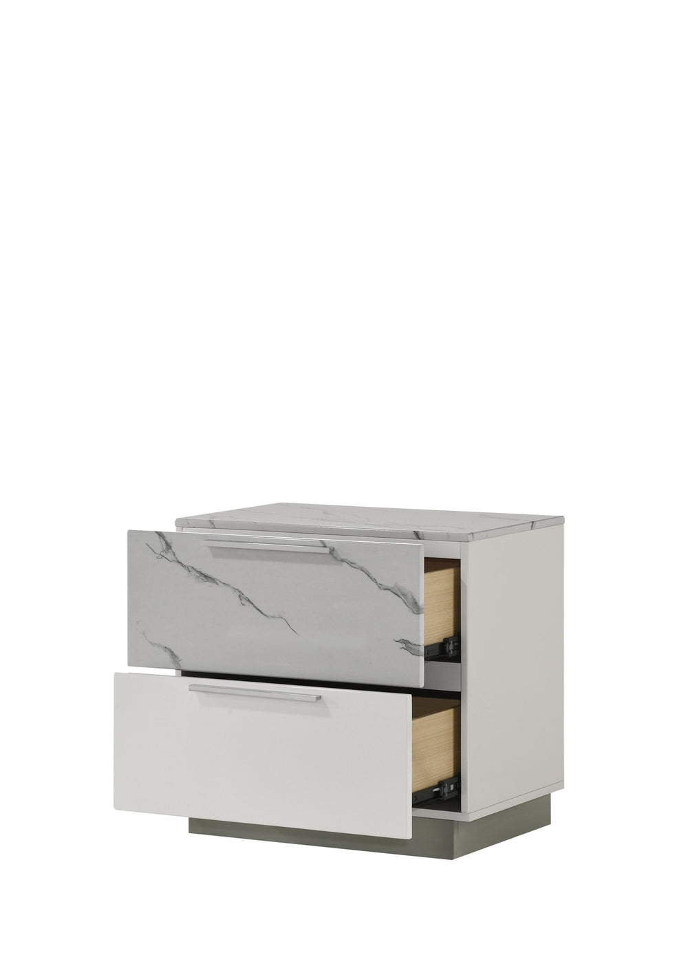 English Elm Mist Nightstand Elegant Two-Drawer White Lacquer with Marble Accents, Velvet-Lined Top Drawer, Compact Luxury B009P309328
