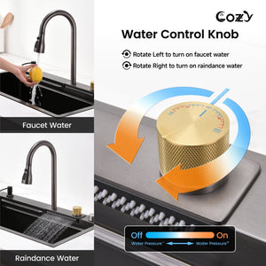 English Elm Waterfall Pull-out Faucet Workstation Sink Matte Black 304 Stainless Steel Prep Basin T3177P286040