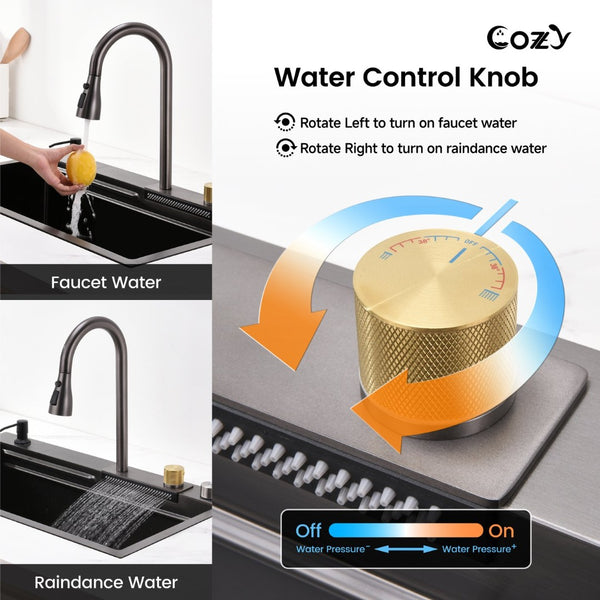 English Elm Waterfall Pull-out Faucet Workstation Sink Matte Black 304 Stainless Steel Prep Basin T3177P286040