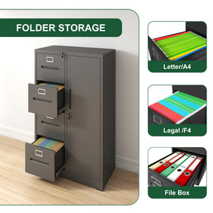 English Elm Metal Storage Vertical Filing Cabinet with 4 Drawers and Side Wardrobe, Steel Ball-Bearing Suspension, Secure Locking Organizer for Home Office and Bedroom Black T2398P272100