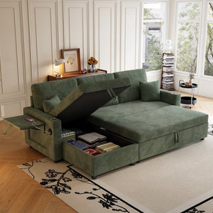 English Elm Sectional Sleeper Sofa Corduroy Cloud Couch with Storage Chaise and Usb Charging Ports Green W1825S00077