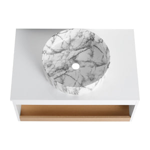 English Elm 30" Floating Wall Mount Bathroom Vanity Open Shelf Ceramic Vessel Sink Modern White Grey+White,White + Light Oak W3450S00059