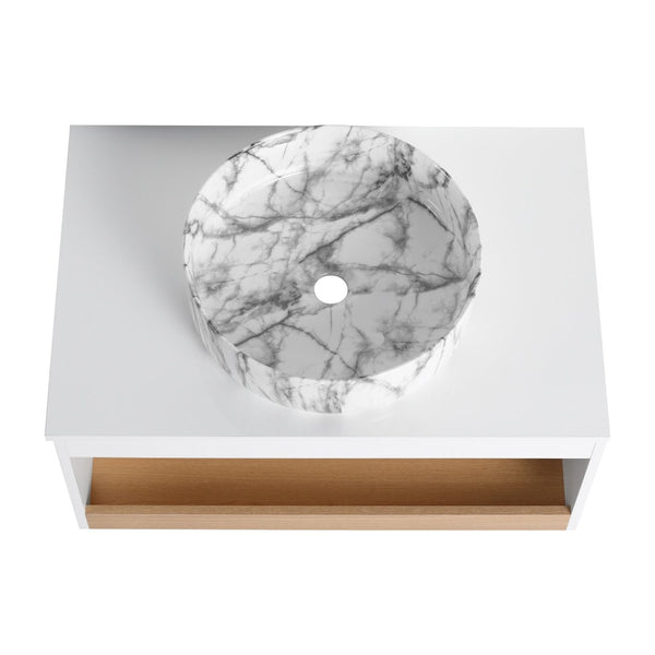 English Elm 30" Floating Wall Mount Bathroom Vanity Open Shelf Ceramic Vessel Sink Modern White Grey+White,White + Light Oak W3450S00059