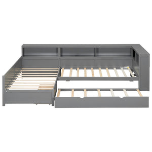 English Elm Wood Twin L-shaped Platform Bed Trundle Shelves Charging Station Kids Room Grey N7090001045E-1