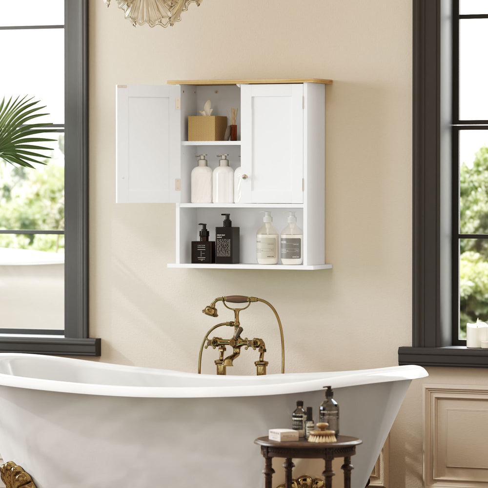 English Elm HOMCOM Modern Wall Bathroom Cabinet with 2 Doors, Adjustable Shelves, Oak Top & Open Shelf, White W2225P250003