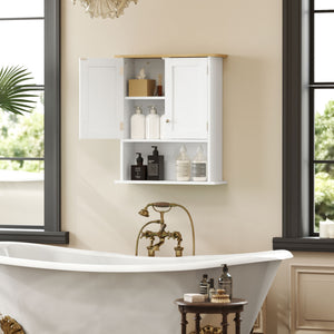 English Elm HOMCOM Modern Wall Bathroom Cabinet with 2 Doors, Adjustable Shelves, Oak Top & Open Shelf, White W2225P250003
