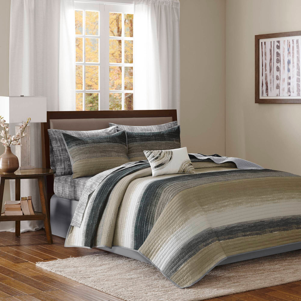 JLA Home Madison Park Essentials - 8 Piece Quilt Set Watercolor Stripe Microfiber Reversible Quilt with Grey Cotton Sheets, OEKO-TEX Freshness Treatment MPE13-172