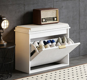 English Elm Shoe Storage Bench with Flip Cabinet Cushioned Seat Beadboard Entryway Organizer T3971P430894
