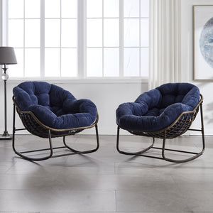 English Elm Outdoor Rattan Rocking Chair Oversized Hand-Woven Patio Egg Recliner with Plush Cushion Comfortably Rocking Navy Blue W640P271520