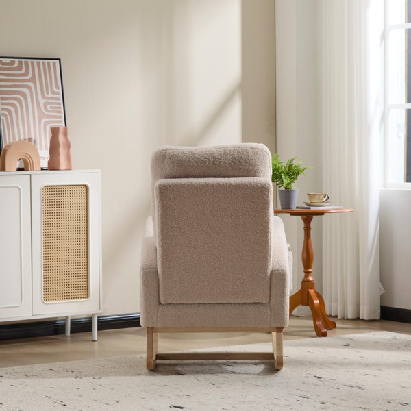 English Elm Modern Upholstered Glider Rocker with Teddy Fabric High Back and Rubberwood Base Beige W3723P409073