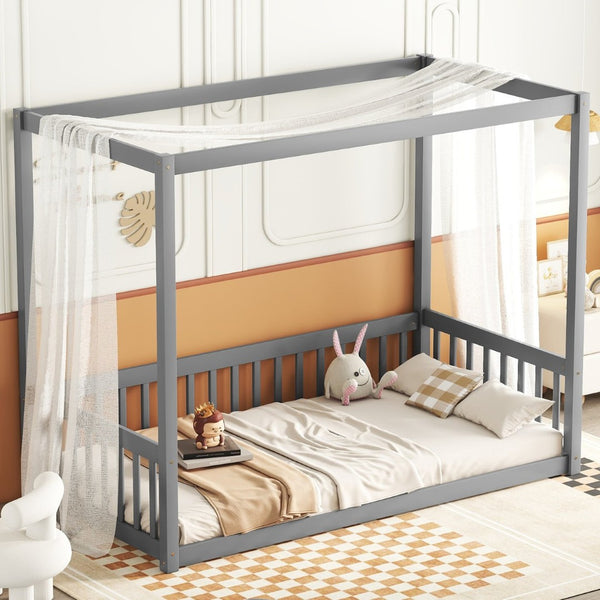 English Elm Twin Canopy Floor Bed Frame With Guardrails - Modern Grey Design For Safe, Imaginative Sleep Spaces W504P143277-GIGA