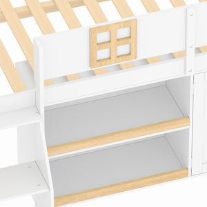 English Elm Twin-size Pine Low Loft Bed with House Canopy Step Stairs Storage Cabinet Led Lights N7090005032K