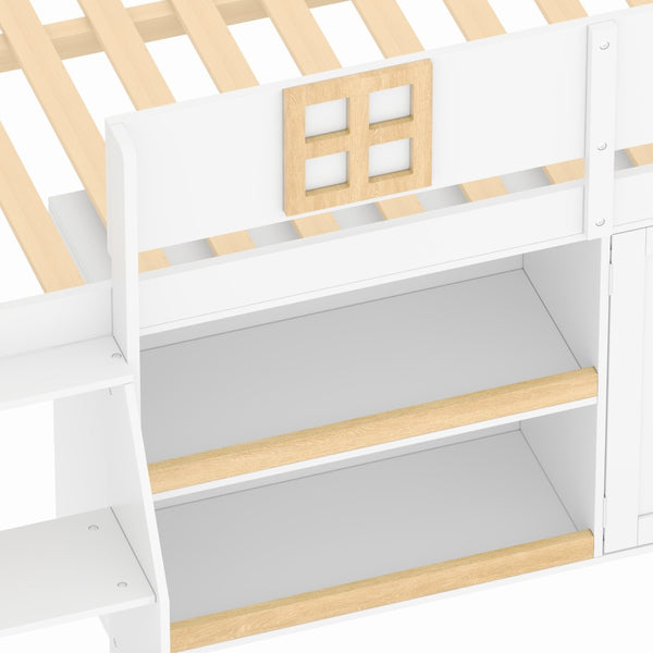English Elm Twin-size Pine Low Loft Bed with House Canopy Step Stairs Storage Cabinet Led Lights N7090005032K