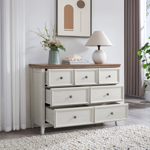 English Elm Modern 7 Drawers Cabinet with Smooth Glide Drawers, Metal Handles & Unique Feet—Slim Farmhouse Storage Tall Chest W2275P233489