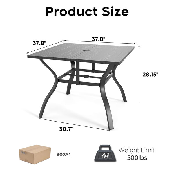 English Elm "vintage Wood Grain Square Iron Patio Dining Table with Umbrella Hole for Outdoor Decks Black W3979P394134
