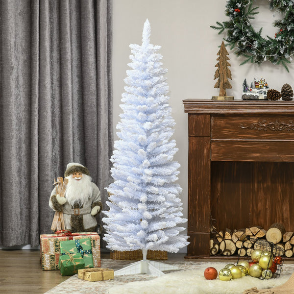 English Elm HOMCOM 5' Snow Flocked Pencil Christmas Tree Slim White Artificial Xmas Tree with Realistic Branches, Flame-Retardant Indoor Decoration W2225P217079