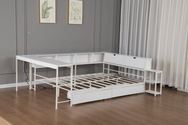 English Elm Corner Twin Platform Bed Bookcase Led Lighting Charging Station Underbed Storage W1670P428875