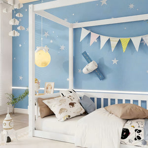English Elm Twin Canopy Floor Bed Rubberwood Frame with Fence Guardrails for Kids Bedroom White W504P351802