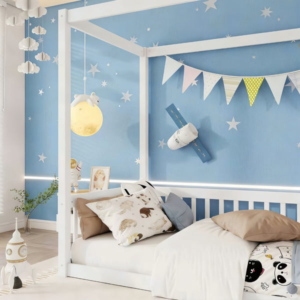 English Elm Twin Canopy Floor Bed Rubberwood Frame with Fence Guardrails for Kids Bedroom White W504P351802