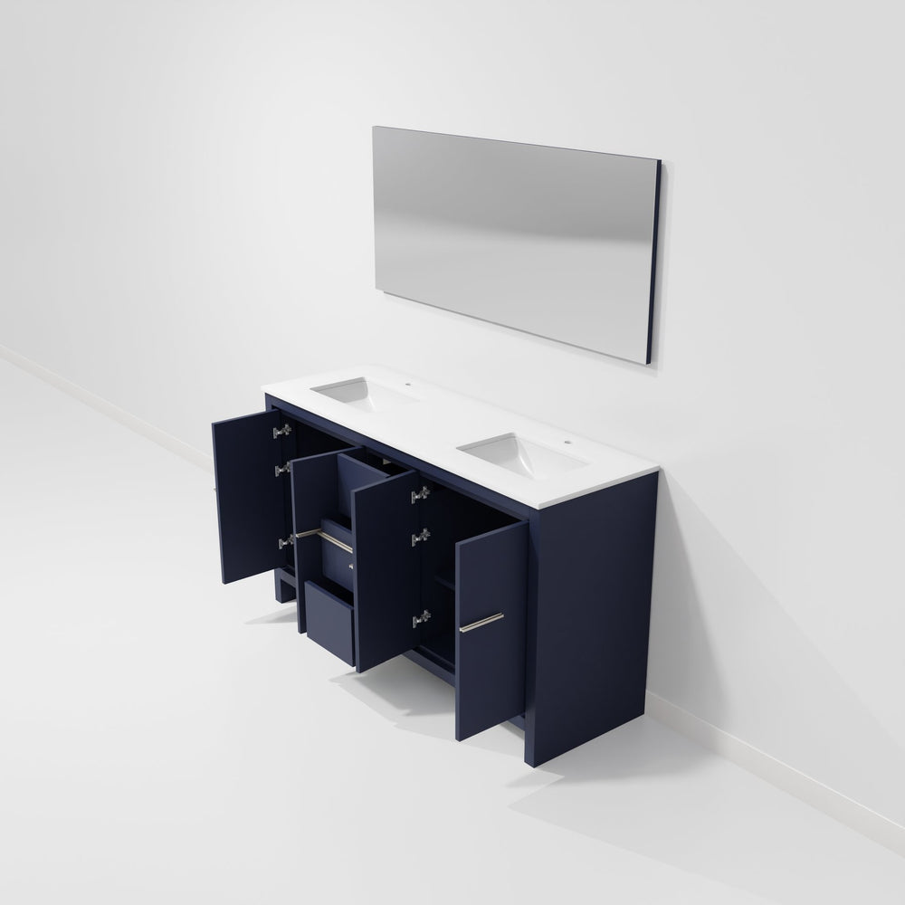 English Elm Navy Blue Double Bath Vanity With Cultured Marble Top, Soft-Close Storage & Matching 55" Mirror B2731S01495