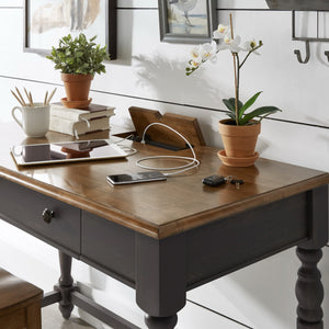 Vance Solid Rubberwood Writing Desk with Drawer Usb Port and Turned Legs Home Office