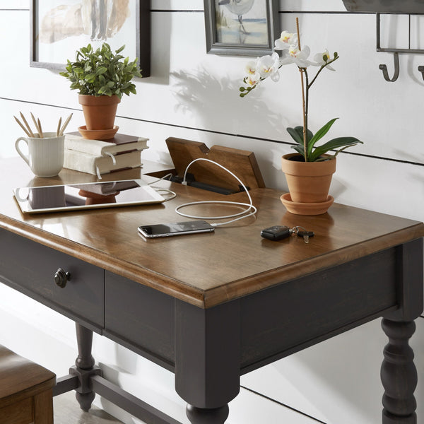 Vance Solid Rubberwood Writing Desk with Drawer Usb Port and Turned Legs Home Office