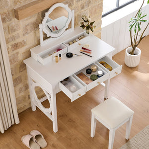 English Elm Compact Floral Makeup Vanity Table with Swivel Flower Mirror, 5 Drawers & PU Stool — Space-Saving Beauty Station N844P288535A