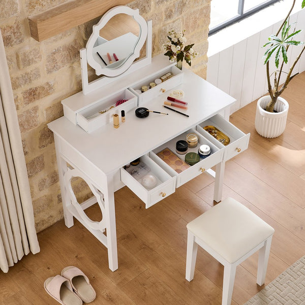 English Elm Compact Floral Makeup Vanity Table with Swivel Flower Mirror, 5 Drawers & PU Stool — Space-Saving Beauty Station N844P288535A