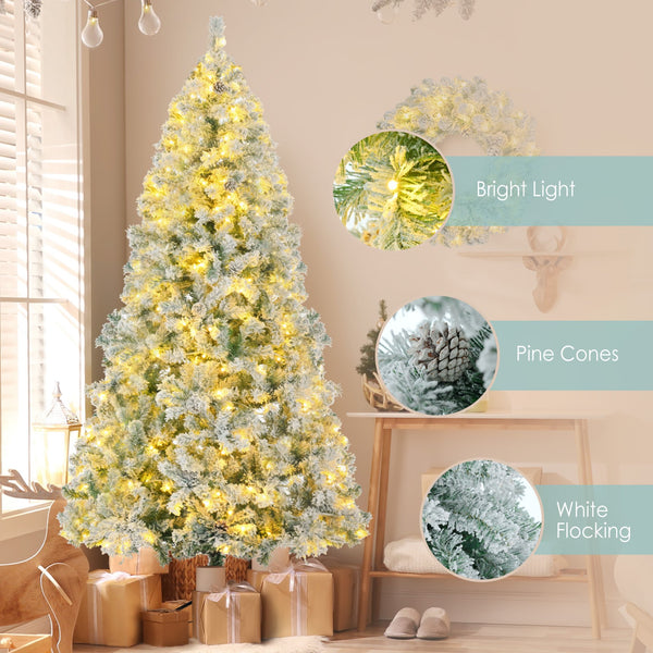 English Elm 6FT Snow Flocked Christmas Tree with Pre-Lit Colorful LEDs, 9ft Garland & Wreath Set, Hinged Decor N704P199472A