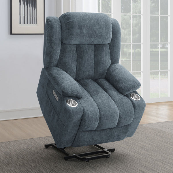 English Elm Beca Slate Blue Upholstered Power Lift Recliner with USB, Cupholders, Plush Channeling & Pillow Arms — Cozy Movie Night Comfort B062P378402