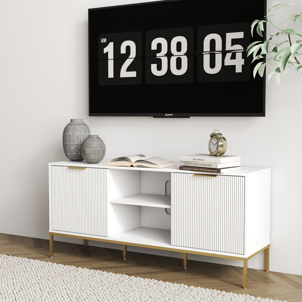 English Elm Modern TV Stand White Gold with Wave-Design Doors, Open Center Shelf, Adjustable Inner Shelf, Chic Legs W3151P288928