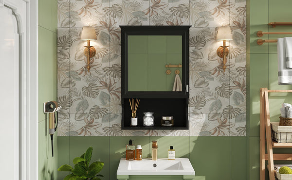 English Elm 20'' Half-Moon Wall Medicine Cabinet with Mirror, Solid Wood Frame, Soft-Close Hinges, Space-Saving Elegance Black N710P313827B