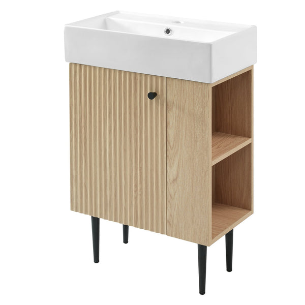English Elm 21.6" Wood Bathroom Vanity with Ceramic Sink, Right Side Storage, Gold Legs, Soft-Close Doors, Modern SV000006AAD